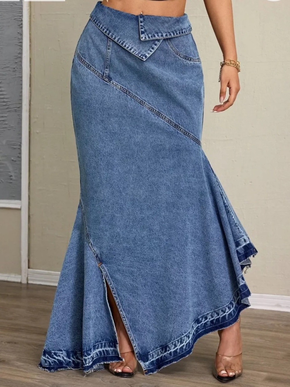 SHEIN WOMEN’S HIGH-WAIST ASYMMETRICAL SLIT DENIM MAXI MERMAID SKIRT Sz 14